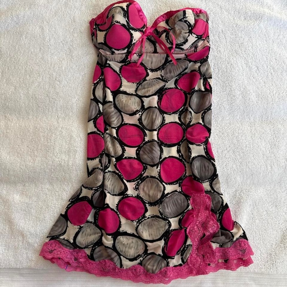Y2k strapless pink and black lingerie baby doll dress with lace trim
